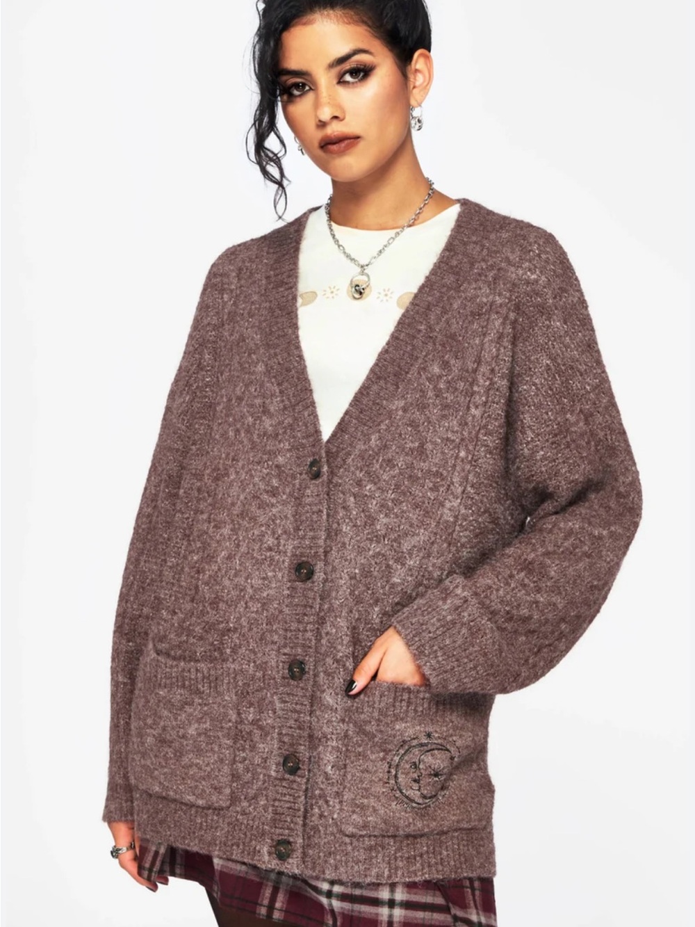 Disturbia Oversized Pointelle Knit Cardigan - Mauve Taupe